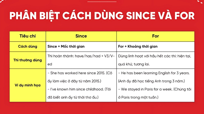Cách phân biệt for và since qua ví dụ minh họa và mẹo học