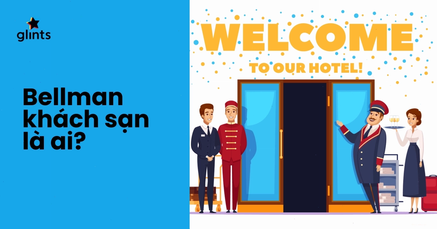 Bellman chuyên nghiệp đang hỗ trợ khách hàng mang hành lý vào sảnh khách sạn