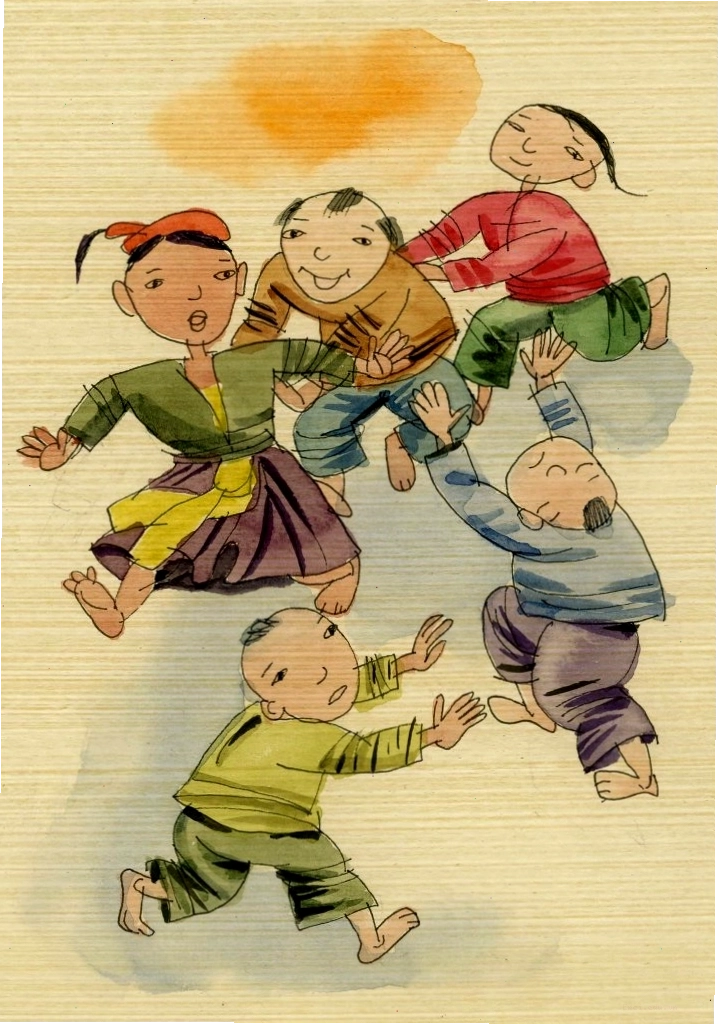Các bạn nhỏ vui đùa với trò chơi dân gian, minh họa cho sự hồn nhiên của tuổi thơ