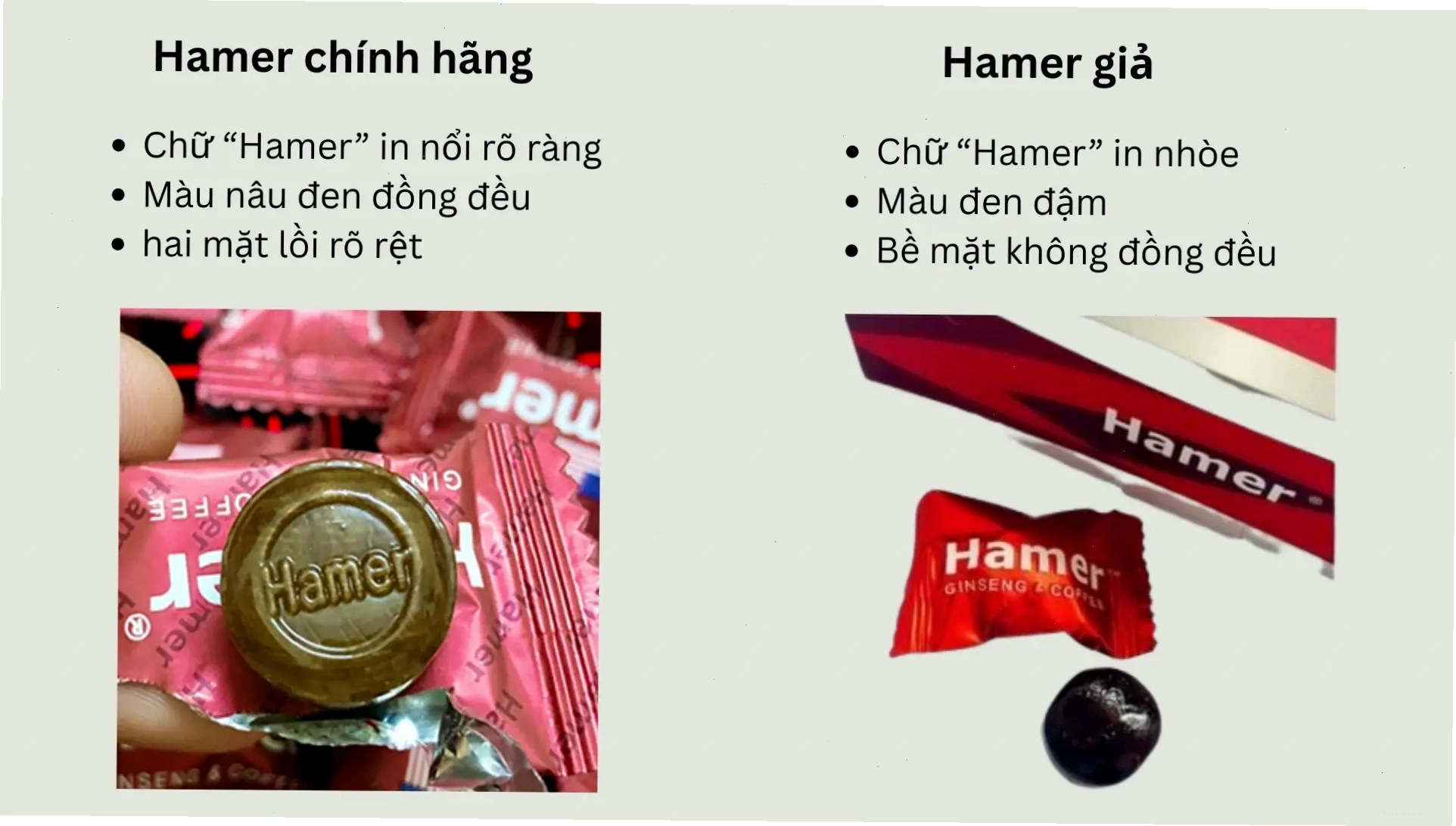 Cận cảnh viên kẹo Hamer thật với chữ in nổi