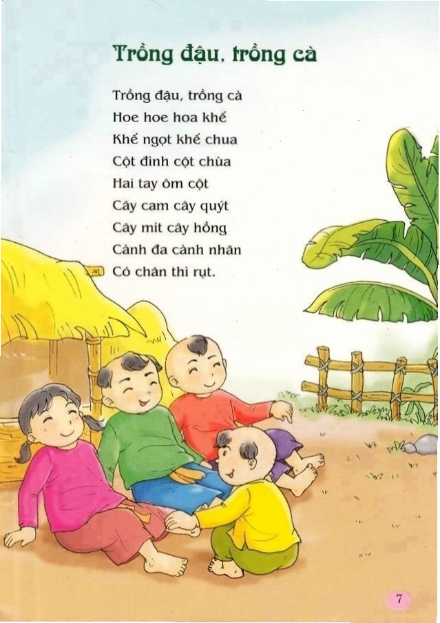 Cảnh minh họa bài đồng dao Trồng đậu, trồng cà với các loại cây trái