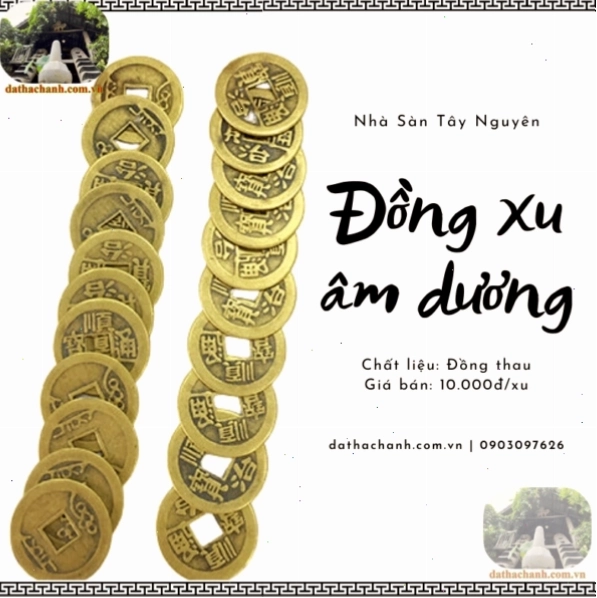 Đồng xu âm dương với chữ Hán nổi bật trên mặt dương