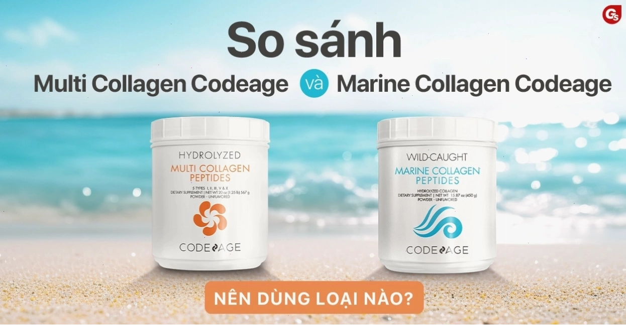 Hình ảnh minh họa bao bì sản phẩm Marine và Multi Collagen của Codeage đặt cạnh nhau