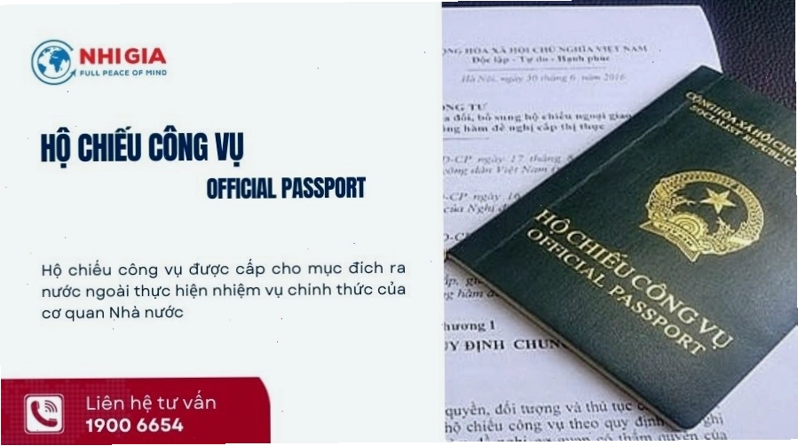 Hộ chiếu công vụ màu xanh lá cây với các ký hiệu đặc trưng của cơ quan nhà nước