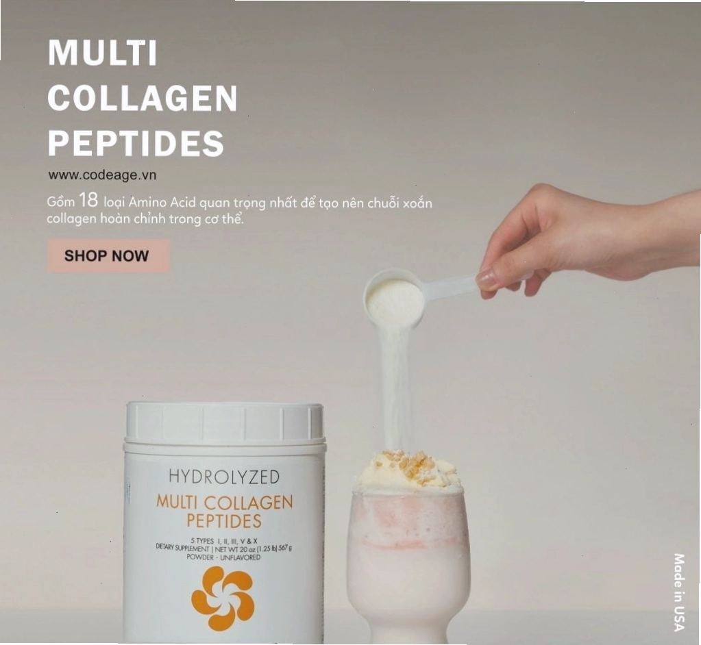 Hộp Multi Collagen Peptides của Codeage với nhiều loại collagen được liệt kê
