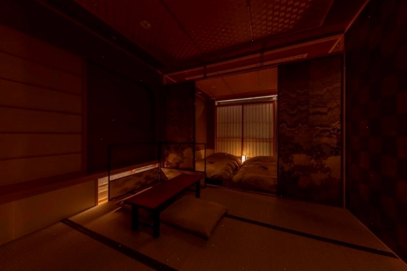 Không gian phòng ryokan với sàn chiếu tatami và cửa giấy shoji