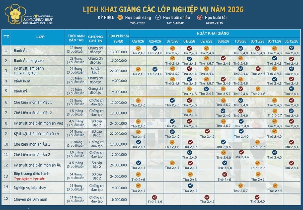 Lịch khai giảng các lớp nghiệp vụ ngắn hạn năm 2026