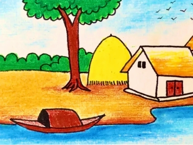 Phong cảnh thuyền gỗ trên sông với ngôi nhà tranh đơn sơ