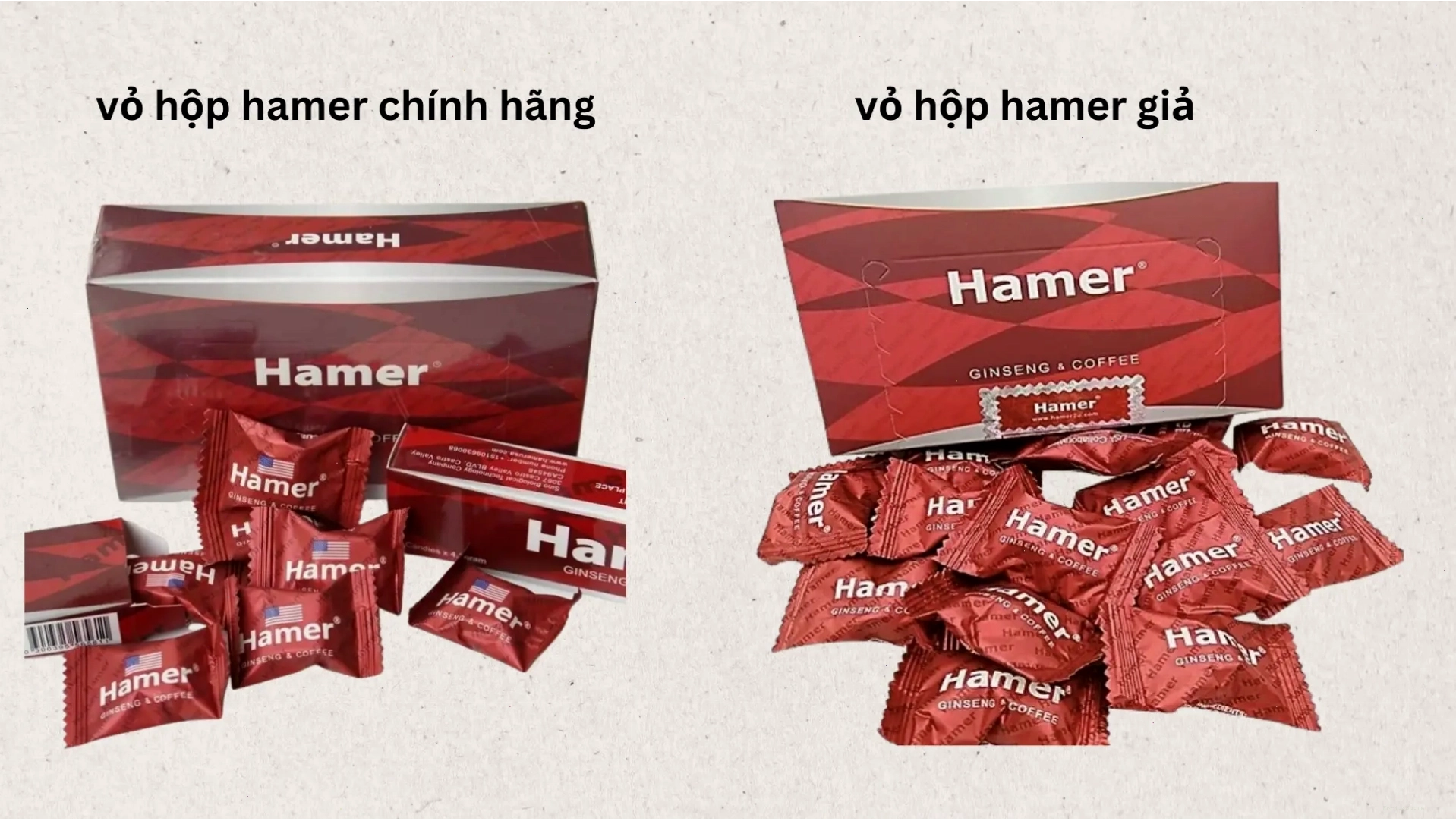 So sánh bao bì và tem của kẹo Hamer thật và giả