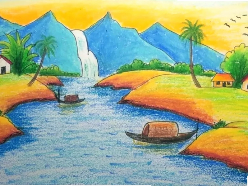 Thiên nhiên hùng vĩ với thác nước, núi non và một chiếc thuyền nhỏ
