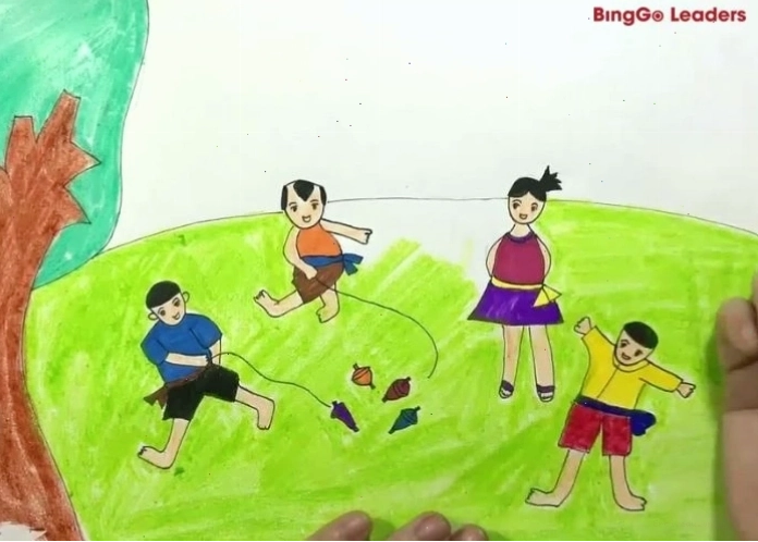 Tranh vẽ trò chơi dân gian với nhiều hoạt động phong phú