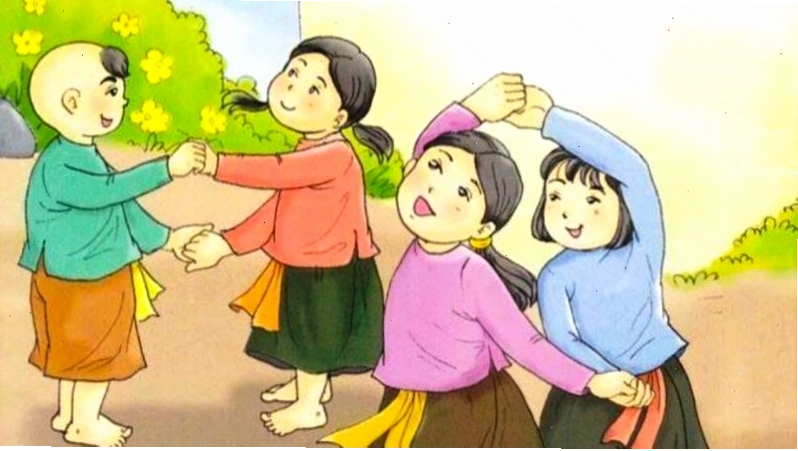 Trẻ em chơi trò chơi với bài đồng dao Lộn cầu vồng