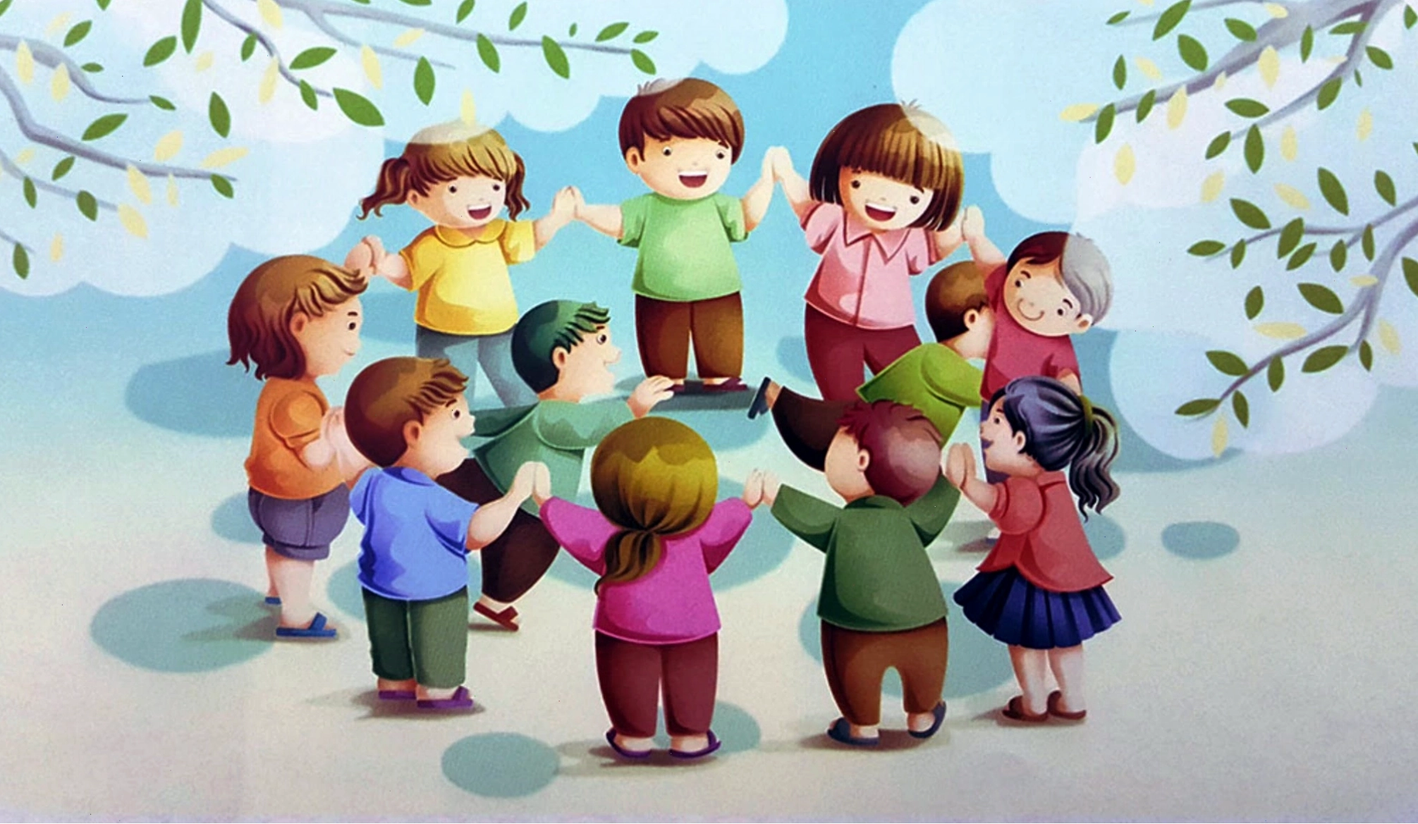 Trẻ em đang chơi trò chơi mèo đuổi chuột với biểu cảm vui nhộn