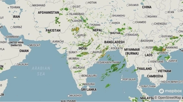 Dehradun weather radar displaying current rainfall and storm patterns
