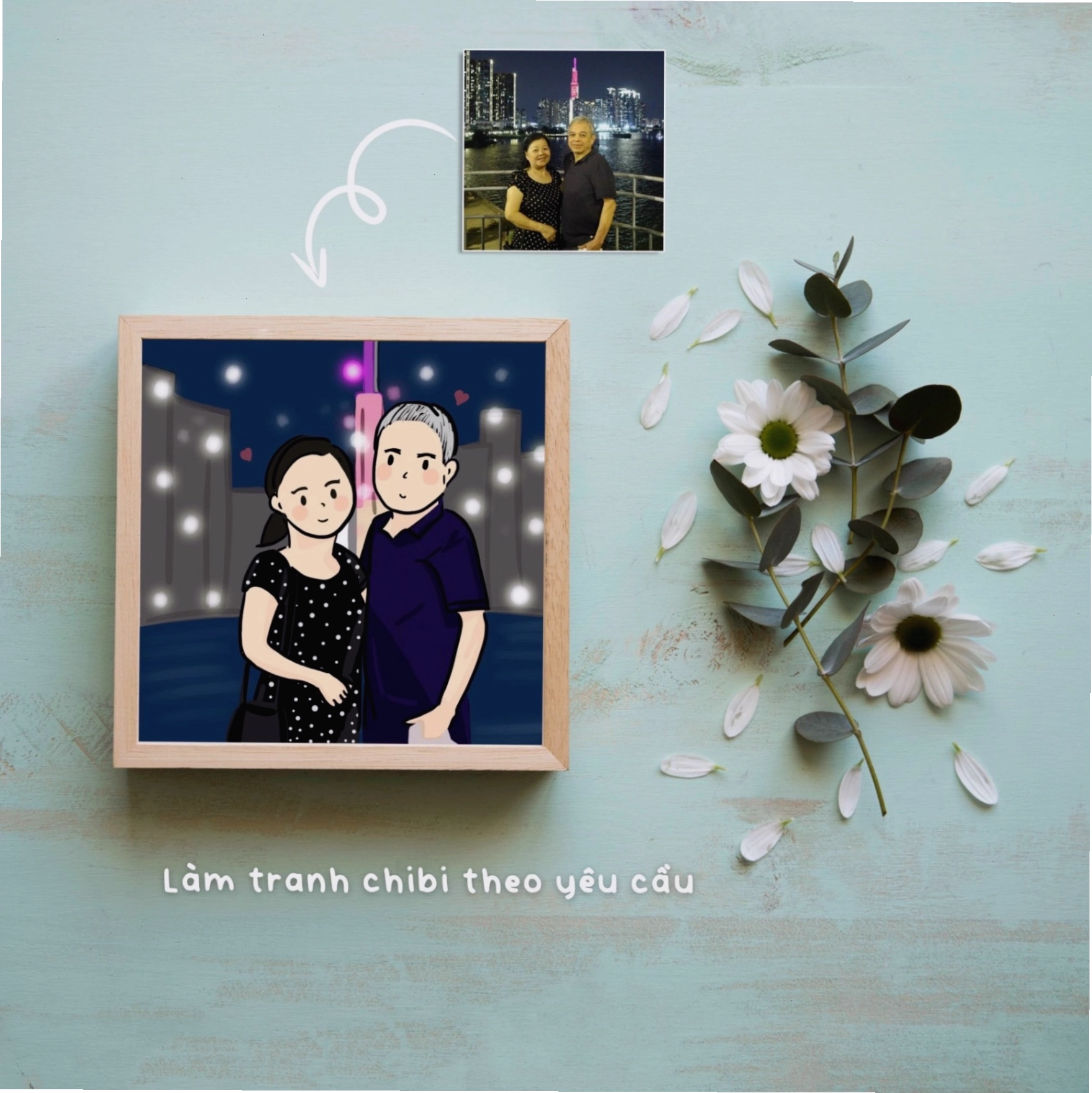 Sản phẩm tranh chibi hoạt hình cá nhân hóa theo yêu cầu hoàn thiện