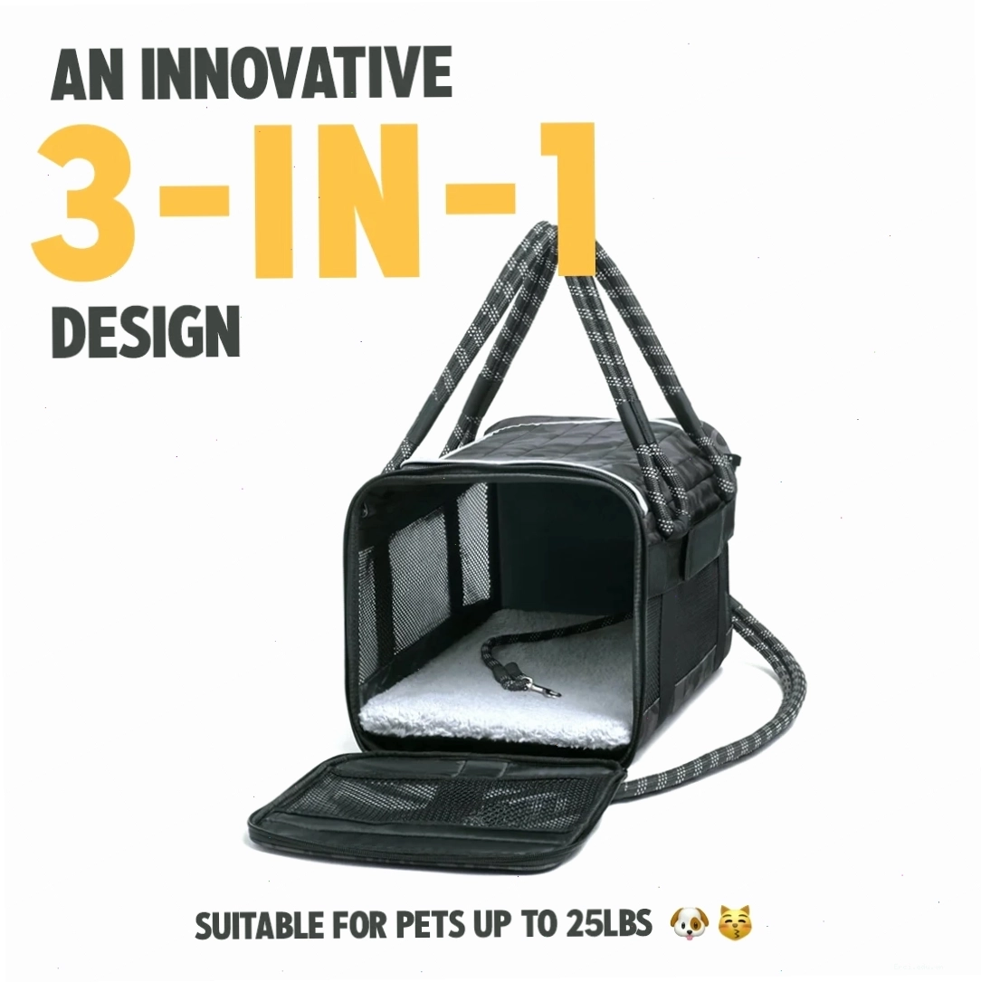 Black camo pet carrier with luggage sleeve functionality