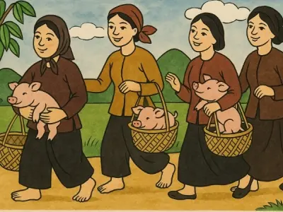 Giai điệu vui tươi của đồng dao Ba bà đi bán lợn con
